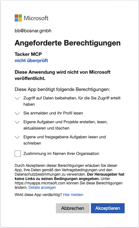 Microsoft-Zustimmungsbildschirm mit den angeforderten Berechtigungen