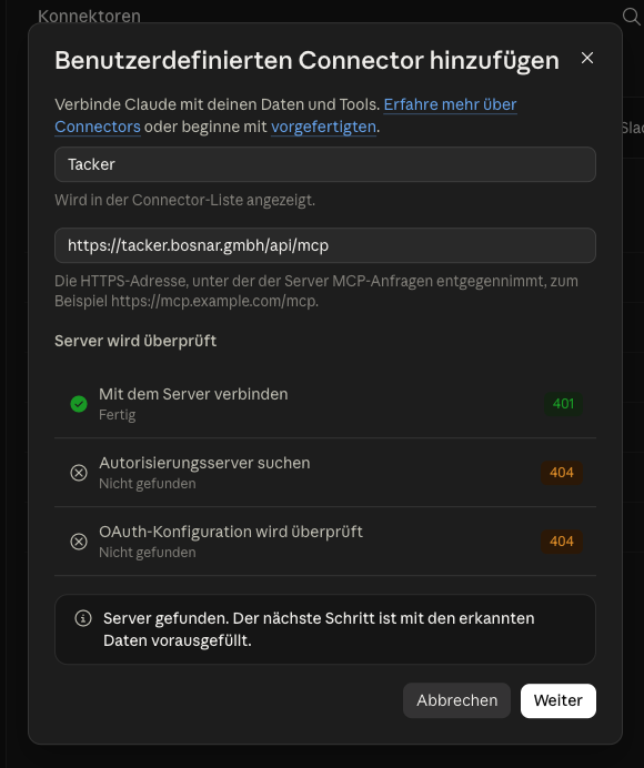 Dialog in Claude zum Hinzufügen eines benutzerdefinierten Connectors mit Name und URL