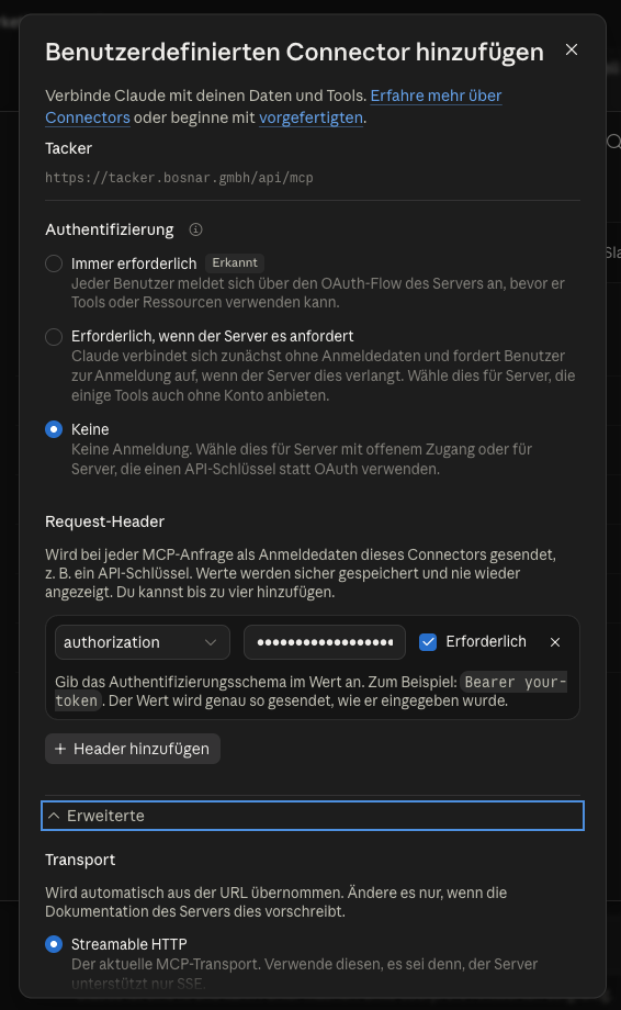 Request-Header authorization mit dem Bearer-Wert in Claude