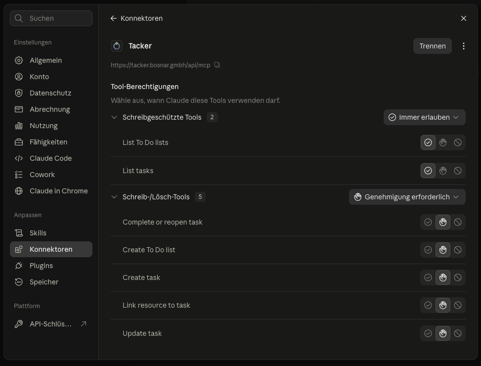 Tool-Berechtigungen des Tacker-Connectors in Claude