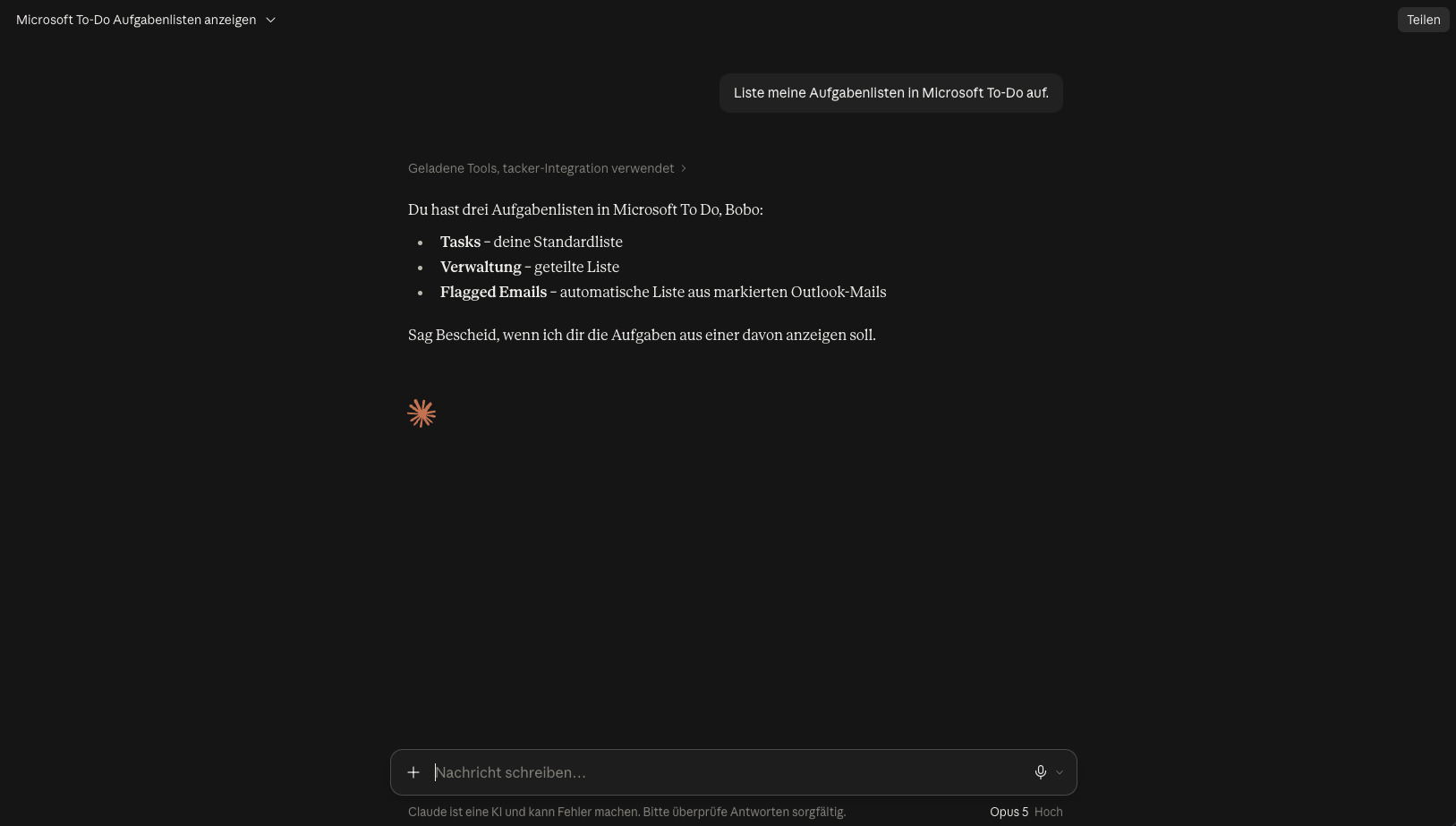 Antwort von Claude mit den Aufgabenlisten aus Microsoft To Do